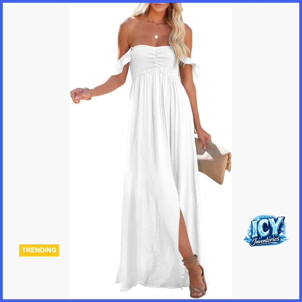 Polyester Smocked Off Shoulder Maxi Dress with Ruffle Sleeve Side Slit